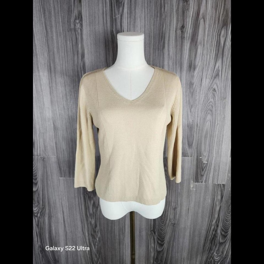 Takeout Womens Beige Ribbed V-Neck Sweater 3/4 Sleeve Pullover Tan Large 12791K